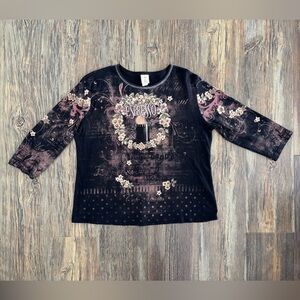 Jess & Jane 3/4 Sleeve Womens Top NO SIZE (22” P2P) Black “Espresso” Embellished